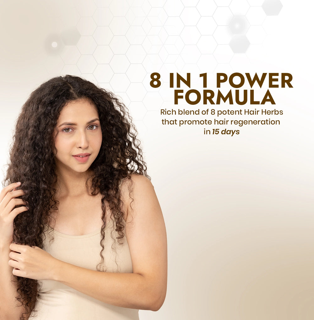 Woman with long, curly hair against a light background with promotional text about a 8-in-1 power formula.