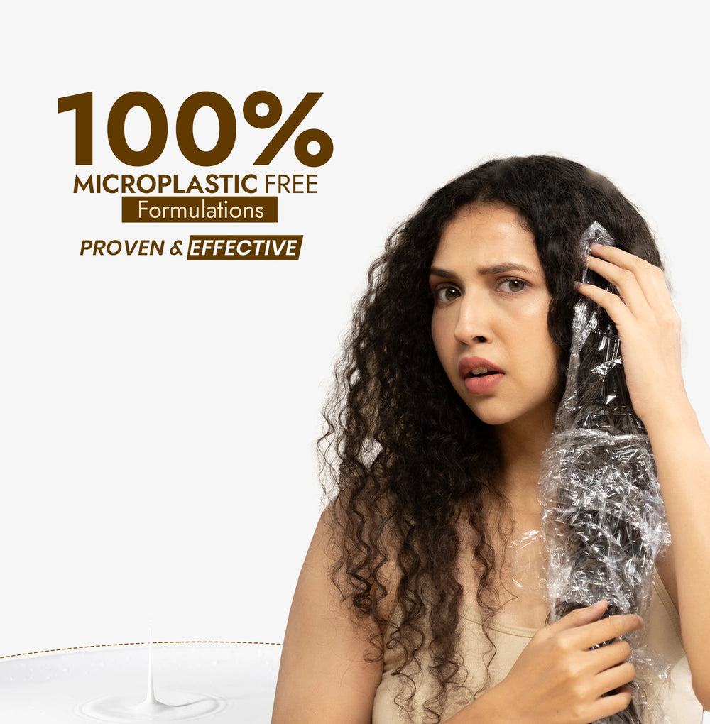Woman with curly hair holding a plastic wrap, with text about microplastic-free formulations.