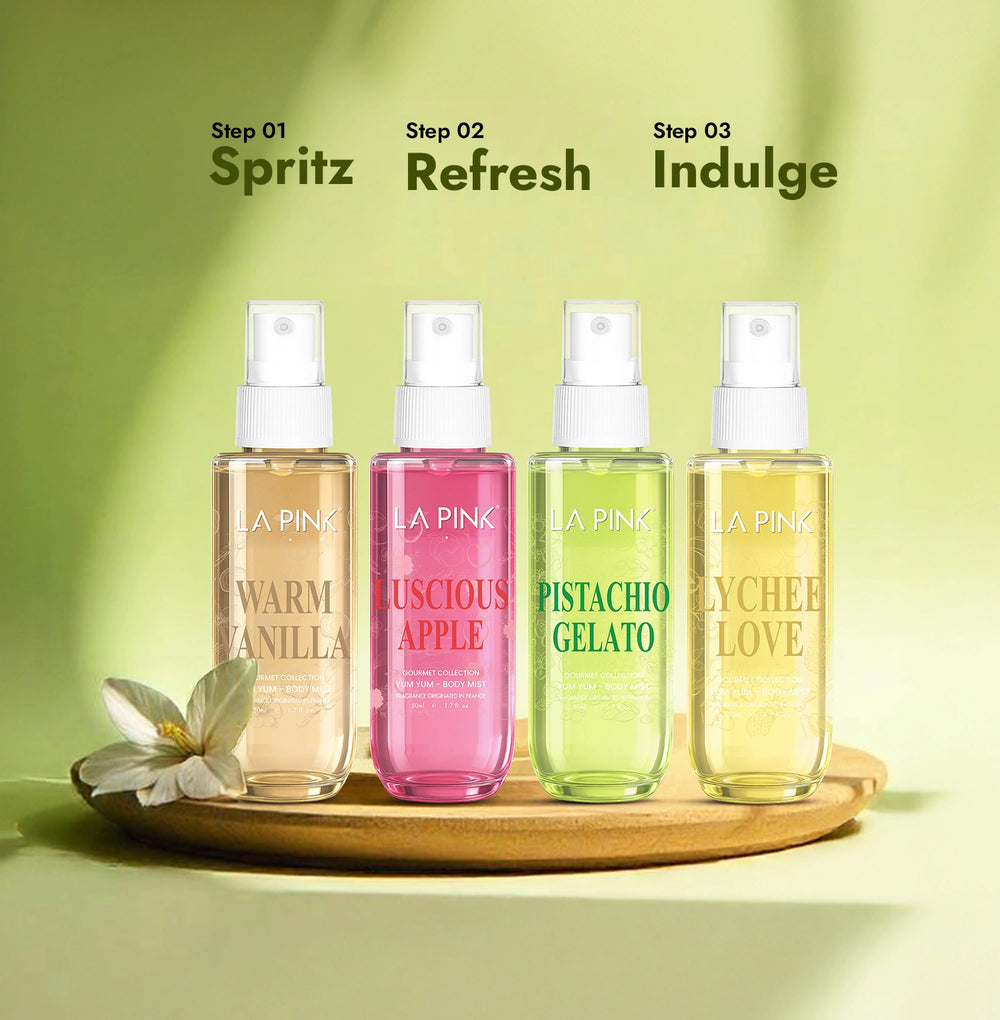 Four spray bottles labeled 'Warm Vanilla', 'Puscious Apple', 'Pistachio Gelato', and 'Llychee Love' on a green background with text 'Step 01 Spritz', 'Step 02 Refresh', 'Step 03 Indulge'.