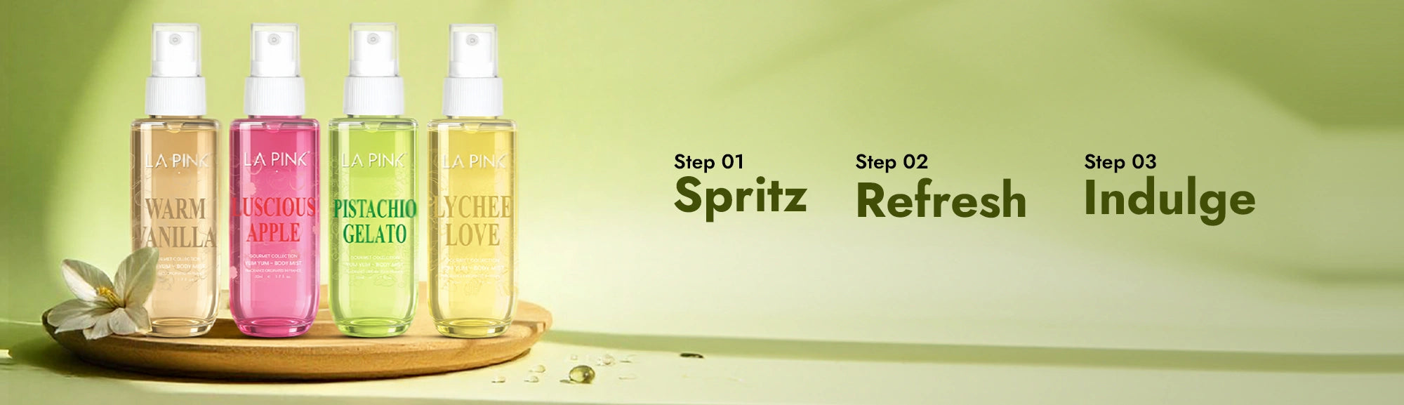 Four bottles of skincare products with a green background and text indicating steps for use.