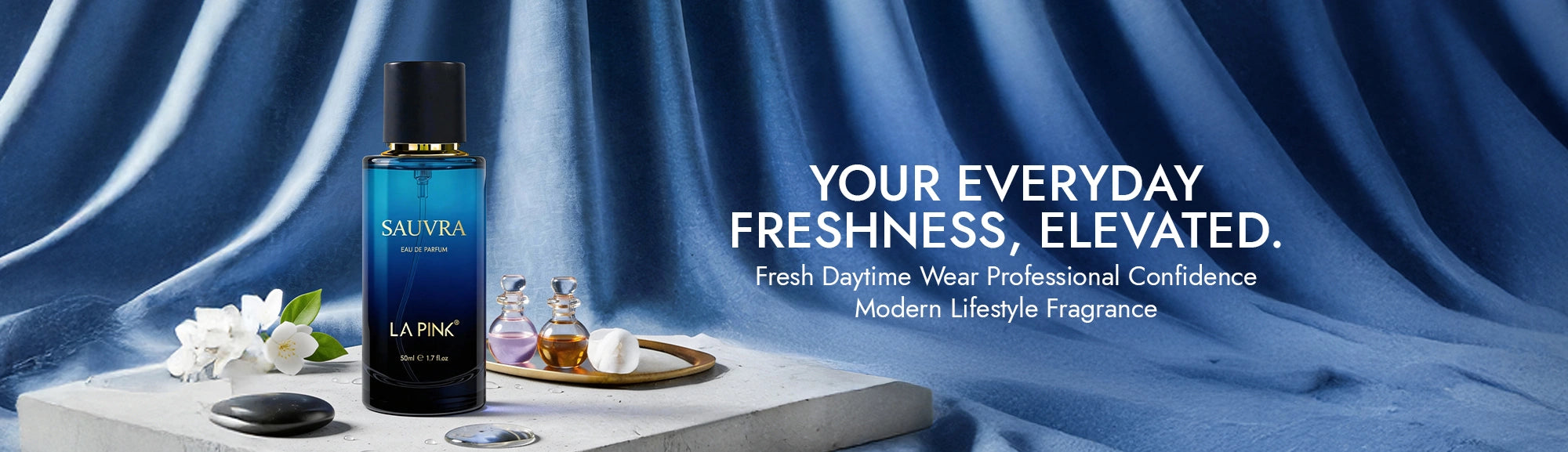 La Prairie skincare product with blue fabric background and promotional text.