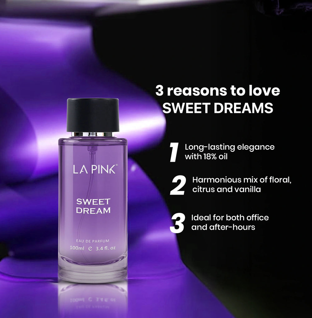 Perfume bottle labeled 'Sweet Dream' by LA Pink with promotional text on a purple background