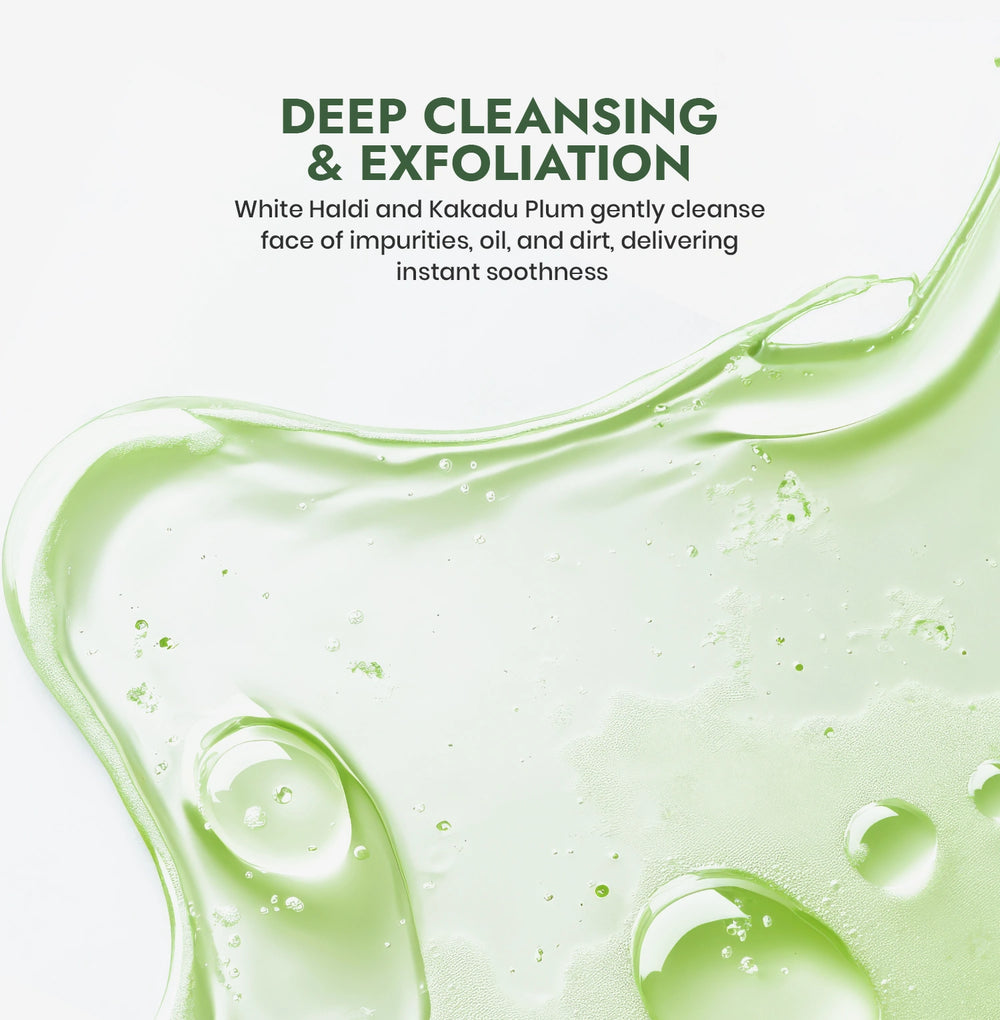 Green skincare product with text about deep cleansing and exfoliation on a white background