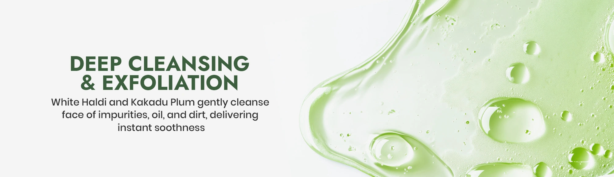 Product description with green liquid and bubbles on a white background