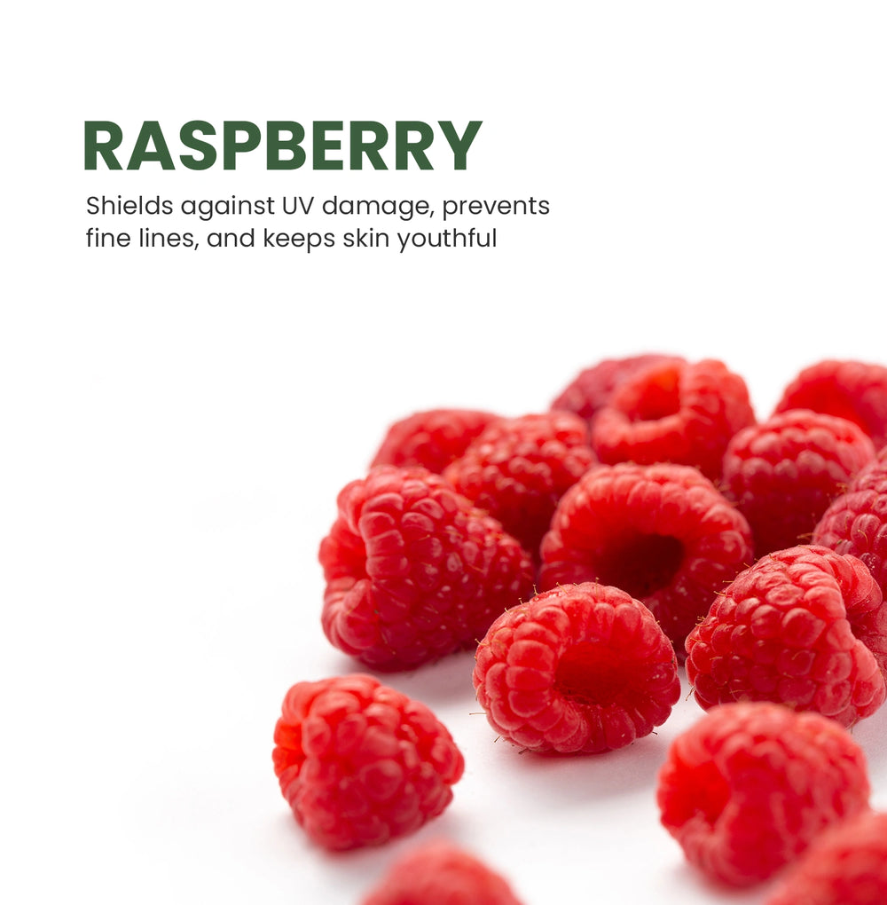 Red raspberries on a white background with text about their skin benefits.