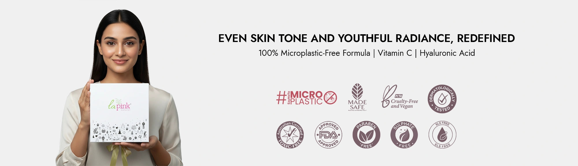 Woman holding a product box with text about skin tone and youth radiance, and various product features listed.