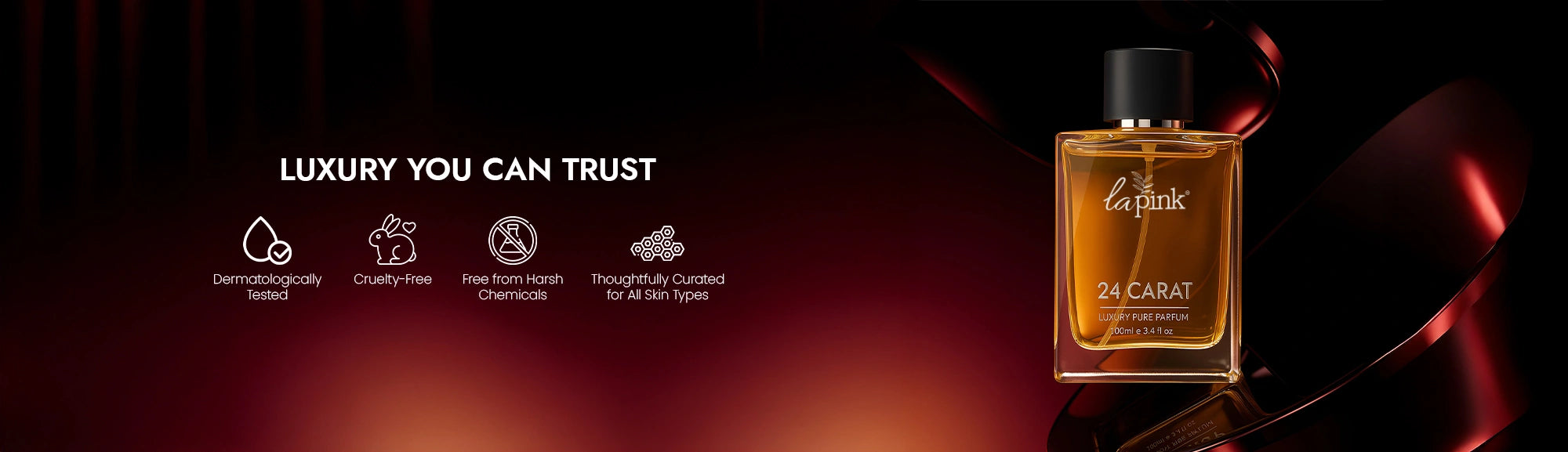Perfume bottle with '24 Carat' branding on a dark background with text 'Luxury You Can Trust'.