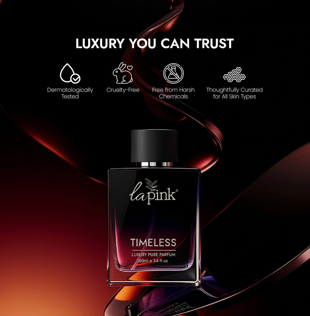 La Pink Timeless luxury perfume bottle with brand logo and product name on a dark background.