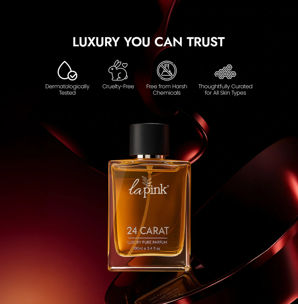 Perfume bottle labeled '24 Carat' by 'lapink' with brand trust icons on a dark background