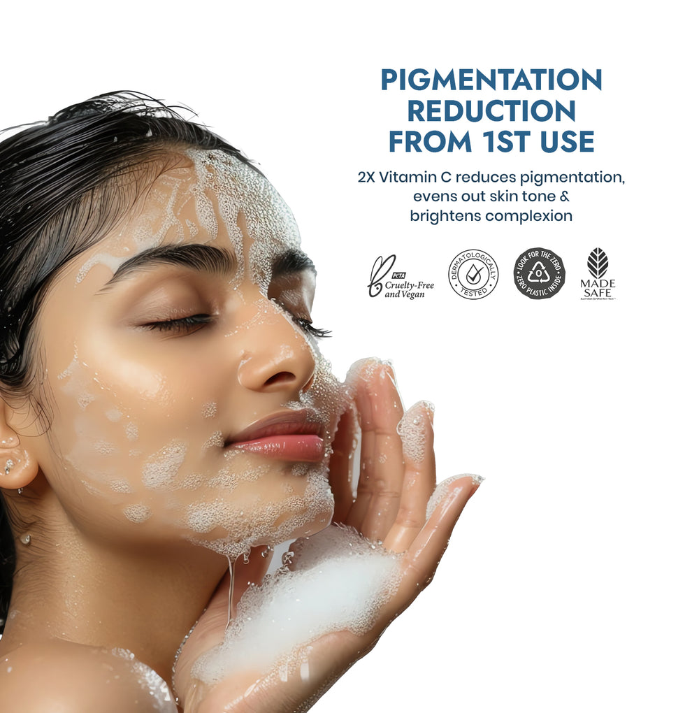 Woman applying a skincare product with text about pigmentation reduction and product features.