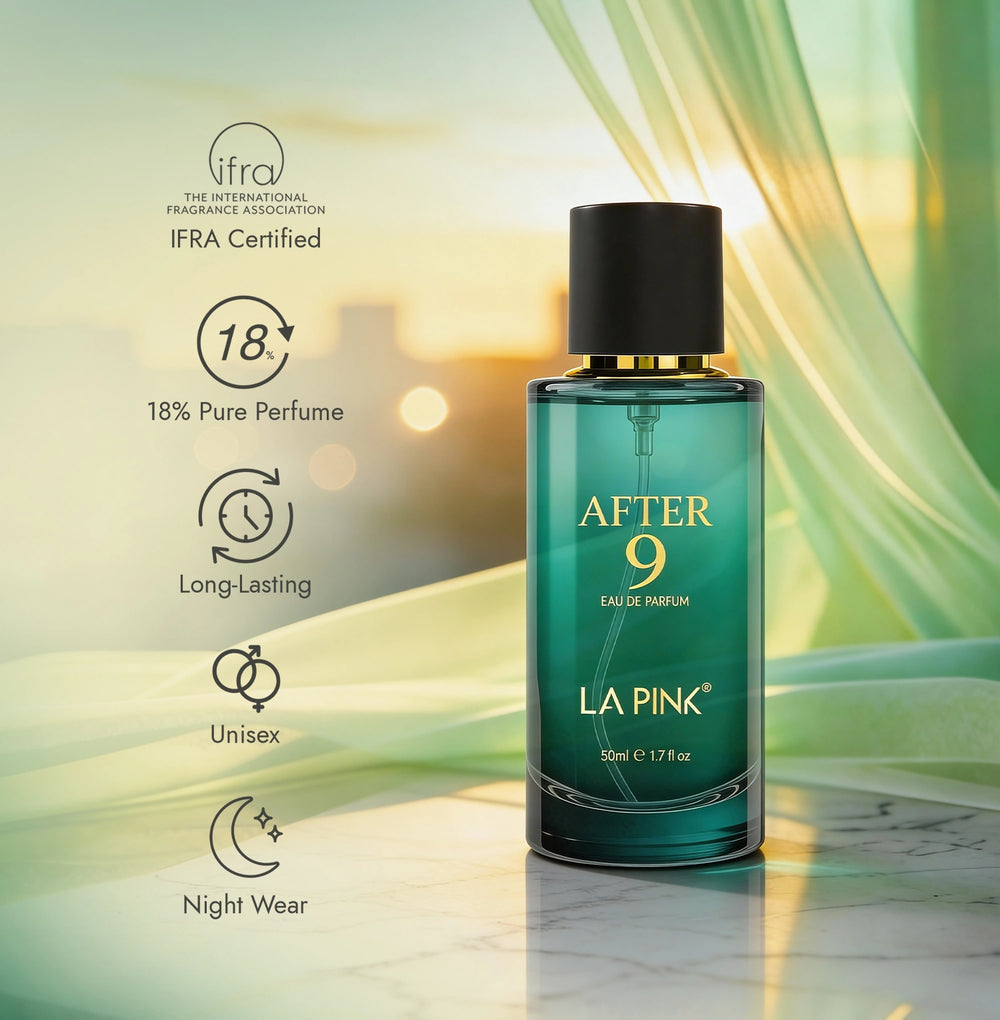 Green perfume bottle labeled 'After 9' by 'La Pink' on a blurred background with product features displayed.