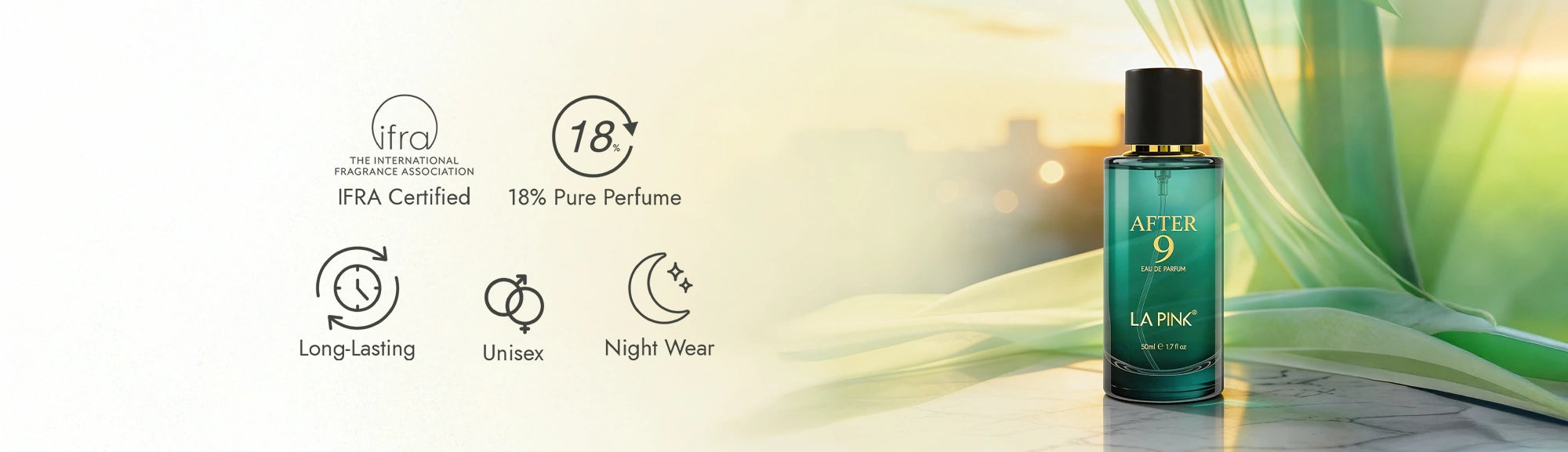 Green perfume bottle with brand name on a blurred natural background