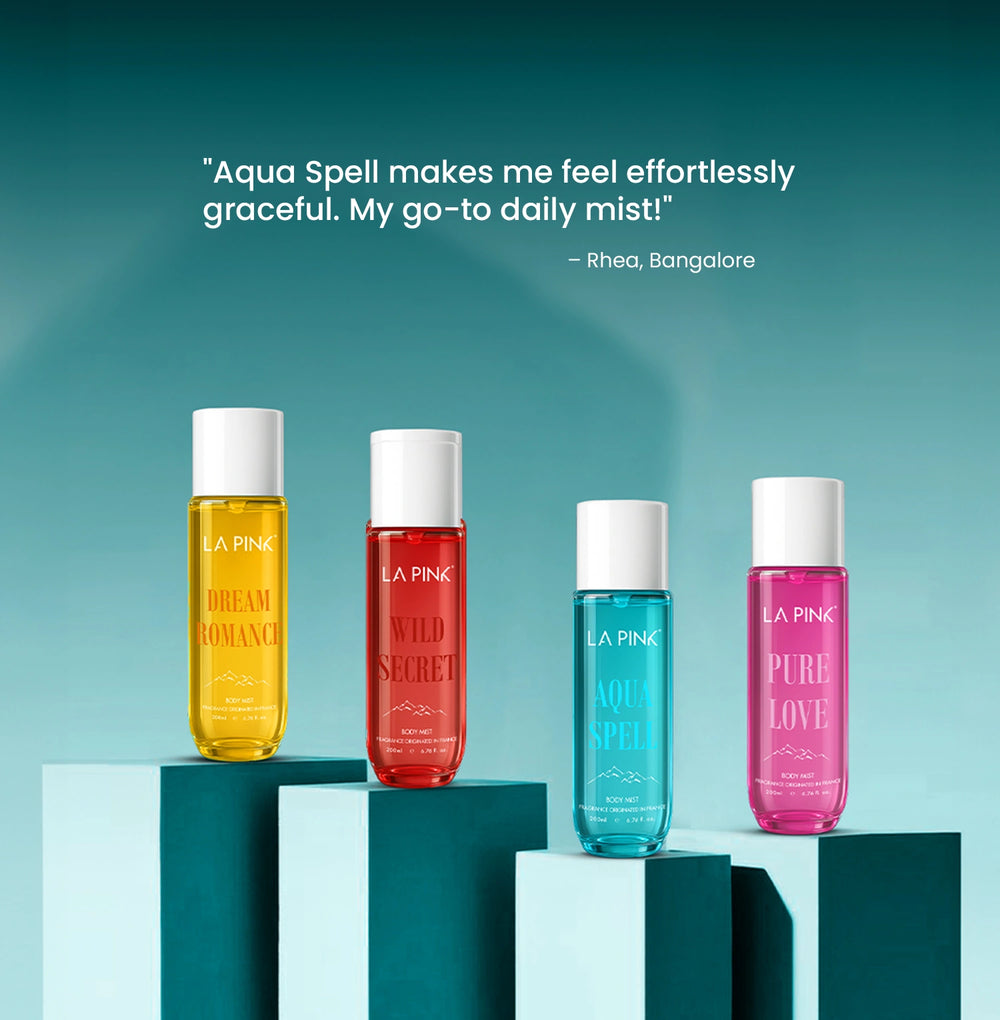 Four bottles of La Pink perfume on geometric blocks with a teal background and customer quote.