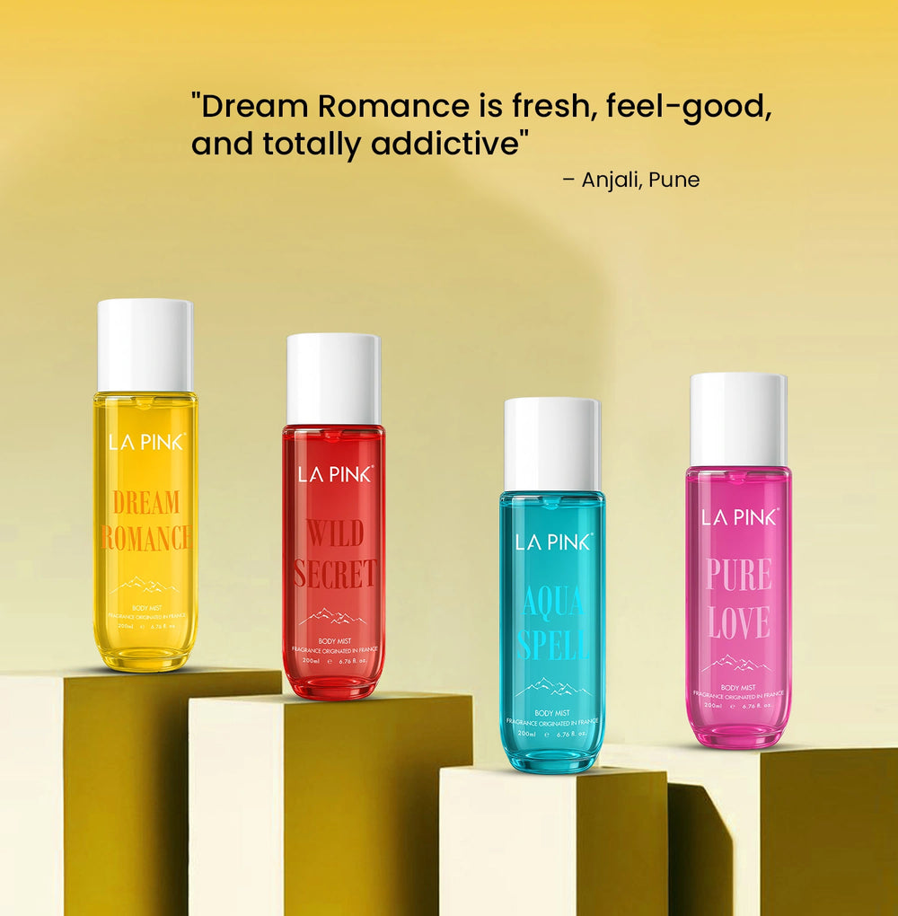 Four bottles of LA Pink products on a yellow background with a quote above them.
