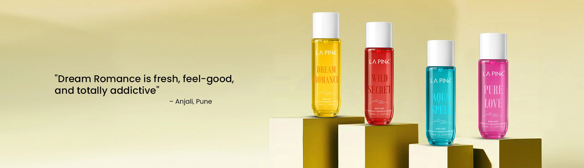 Four bottles of a cosmetic product on a beige background with a quote about 'Dream Romance'.