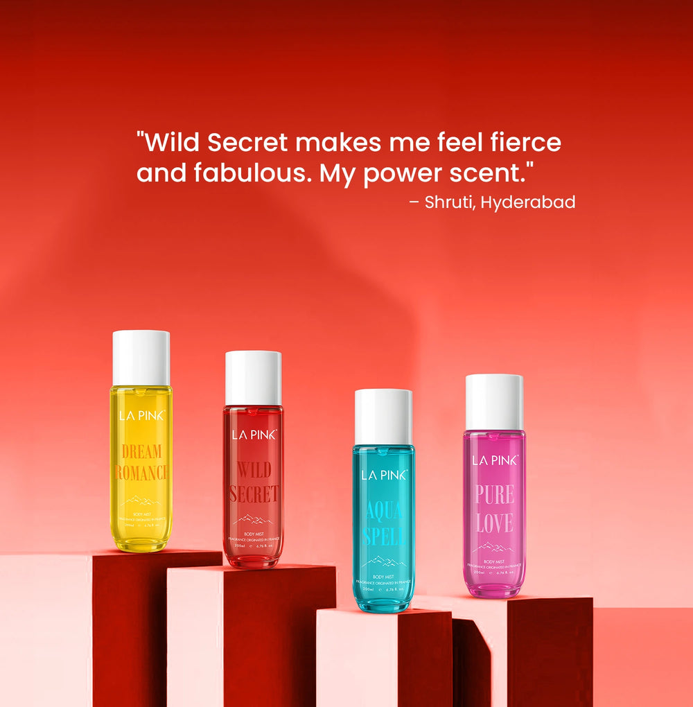 Four bottles of La Pink perfume on a red and pink gradient background with a quote from a customer.