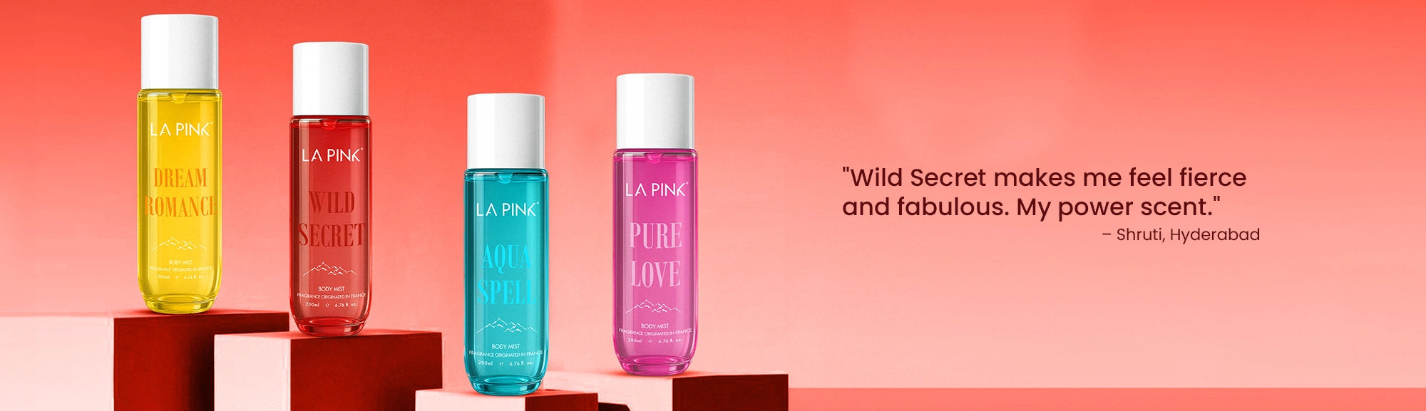 Four bottles of a product on a red platform with a quote on a red background