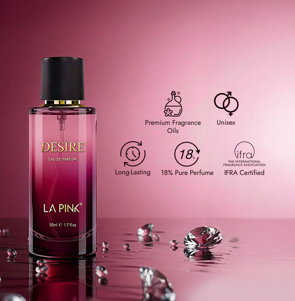 La Pink Desire perfume bottle on a pink background with product features displayed.