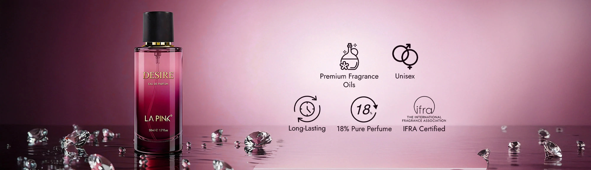 La Rive perfume bottle with brand icons and product features on a pink background