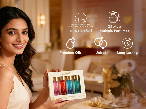 Woman holding a set of perfume bottles with product features displayed.