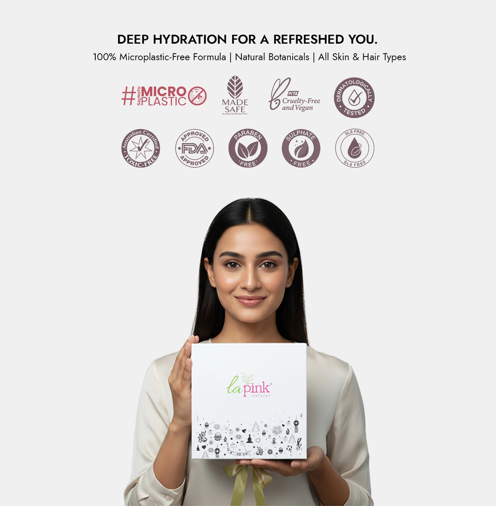 Woman holding a product box with 'la pink' branding, surrounded by certification logos on a light background.