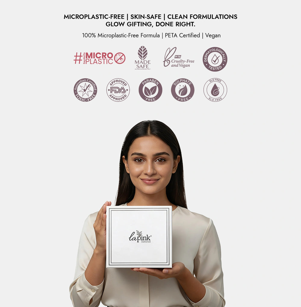Woman holding a product box with brand logo and certification icons on a white background