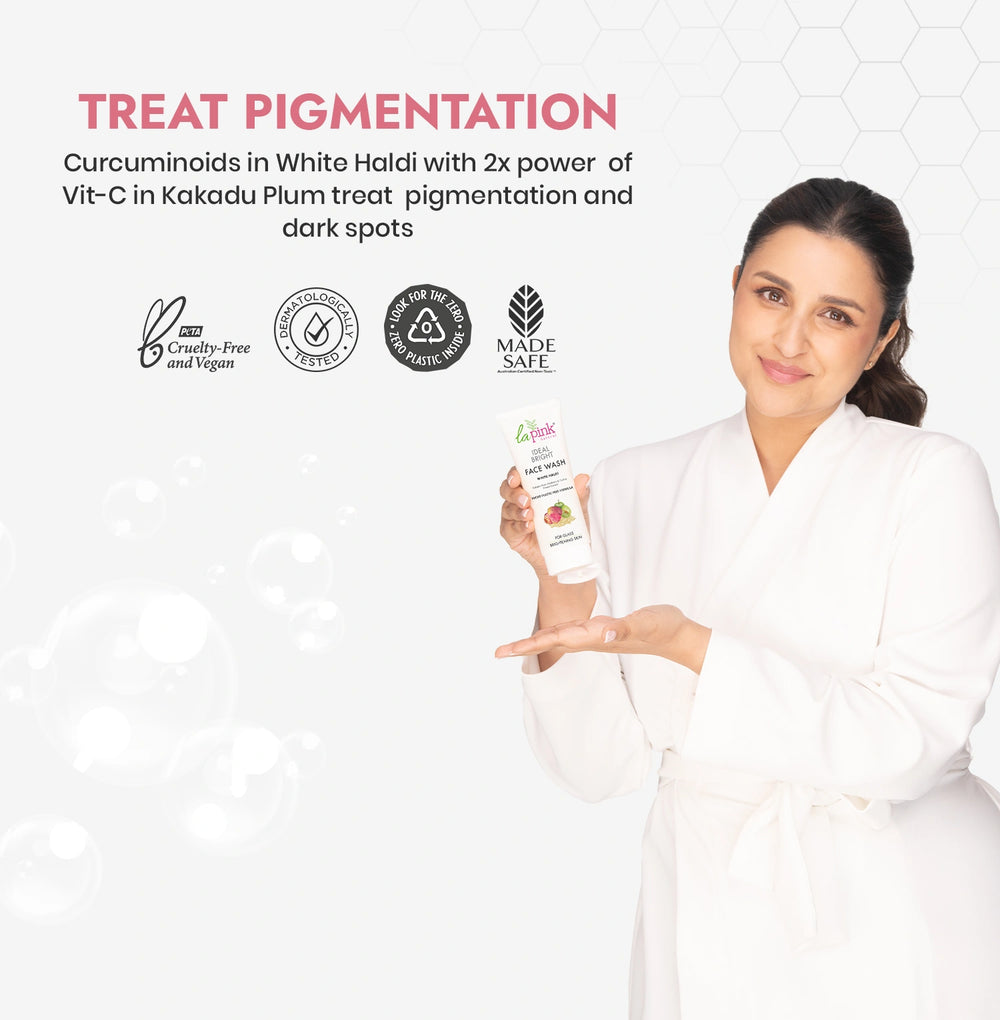 Woman in a white robe holding a skincare product with text about treating pigmentation and dark spots.