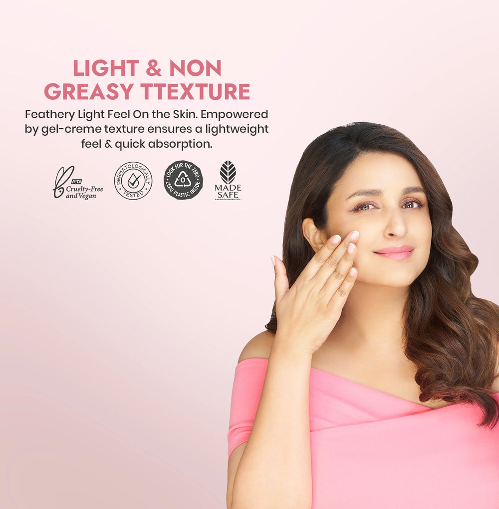 Woman applying cream to her face with product features and benefits on a pink background