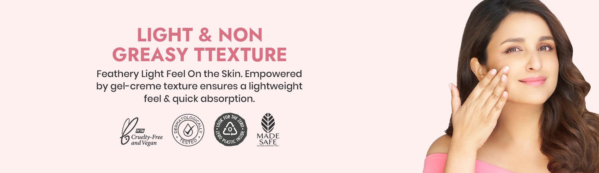 Woman applying cream with text about product texture and benefits on a light pink background