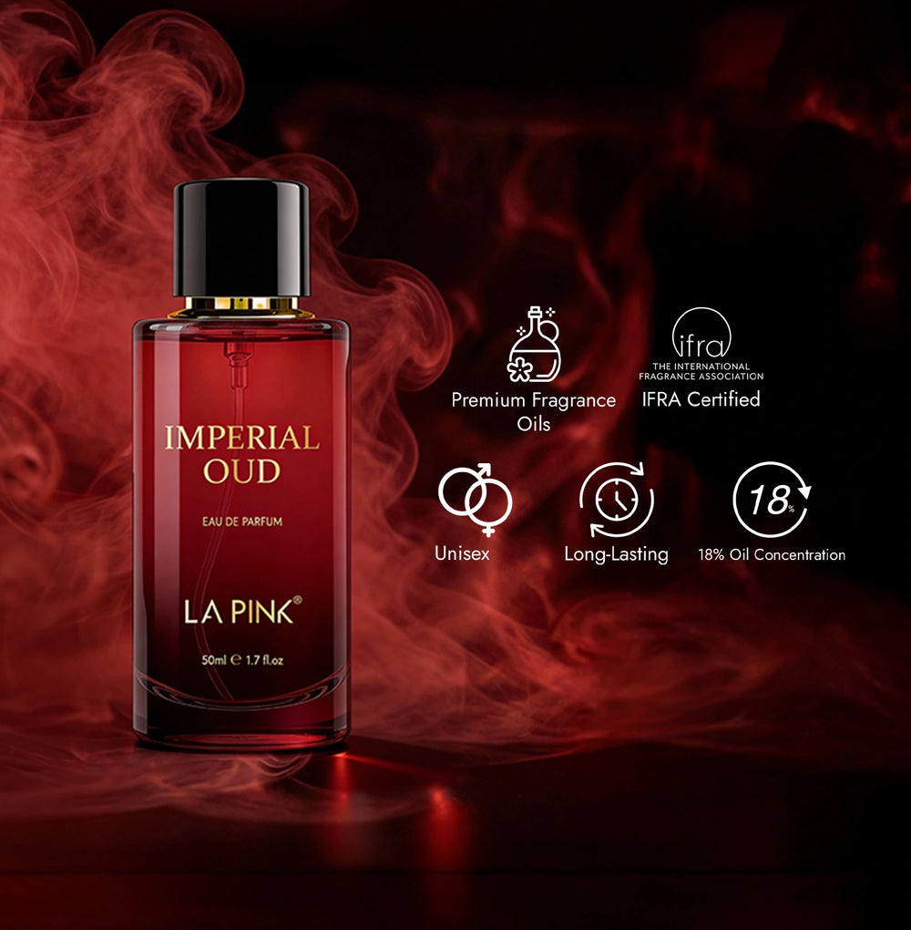 Red perfume bottle labeled 'Imperial Oud' by La Pink with smoke effects on a dark background.