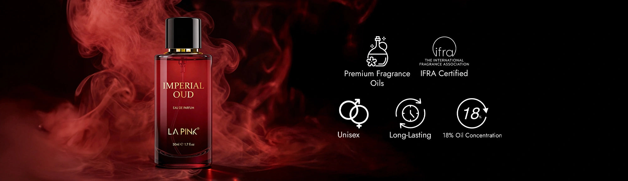 Red perfume bottle with smoke effect on a dark background, featuring La Pinc brand and IFRS certification.