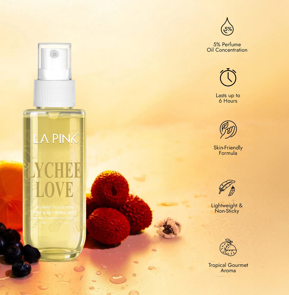 LA Pink Lychee Love perfume oil bottle with features on a warm gradient background