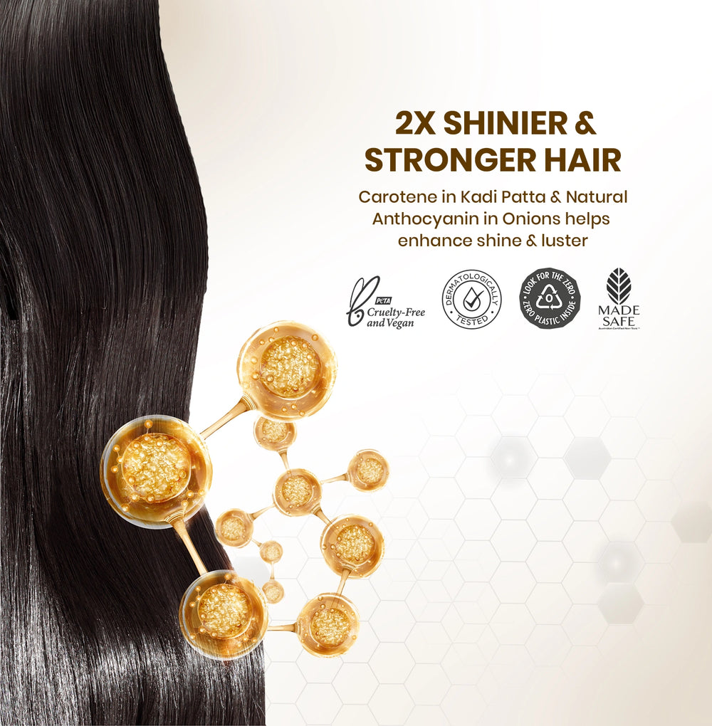 Advertisement for hair product showing shiny hair and molecular structure with brand logos.