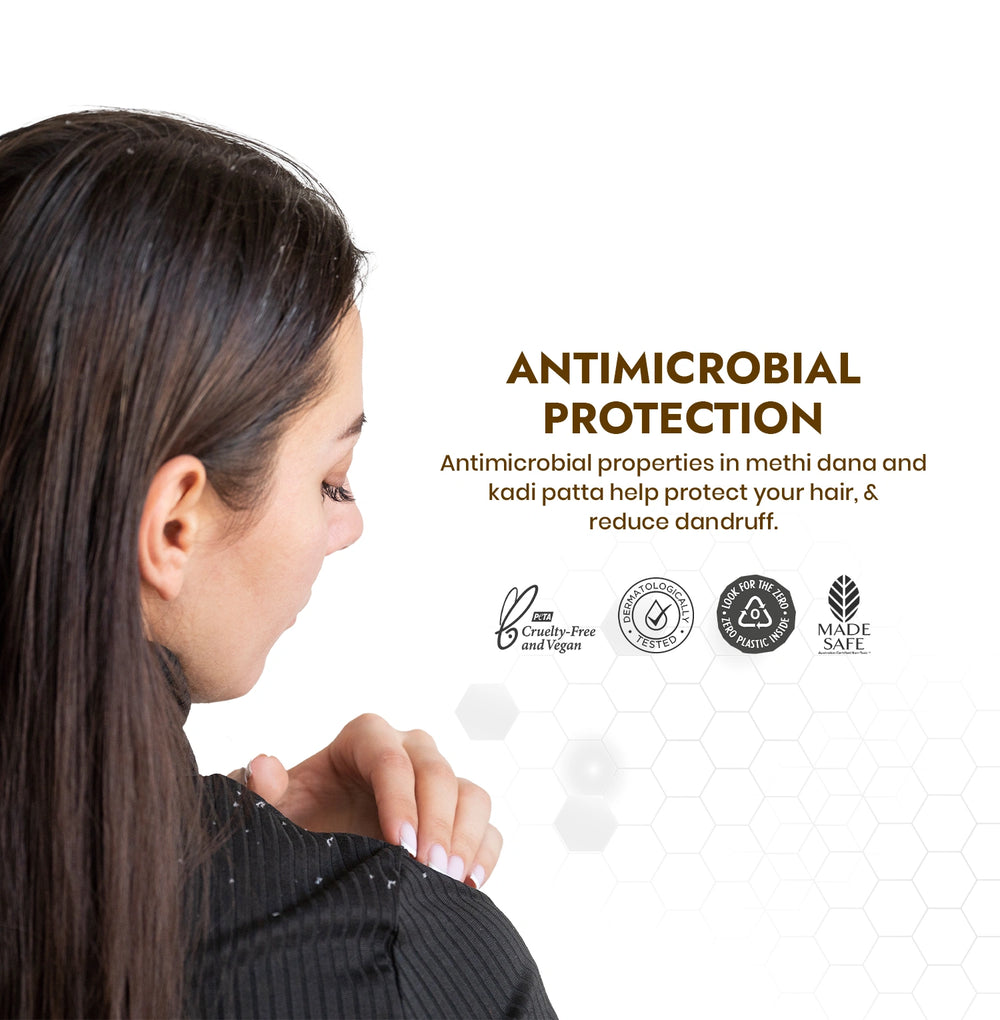 Woman with long hair looking over her shoulder, with text about antimicrobial protection on a white background.