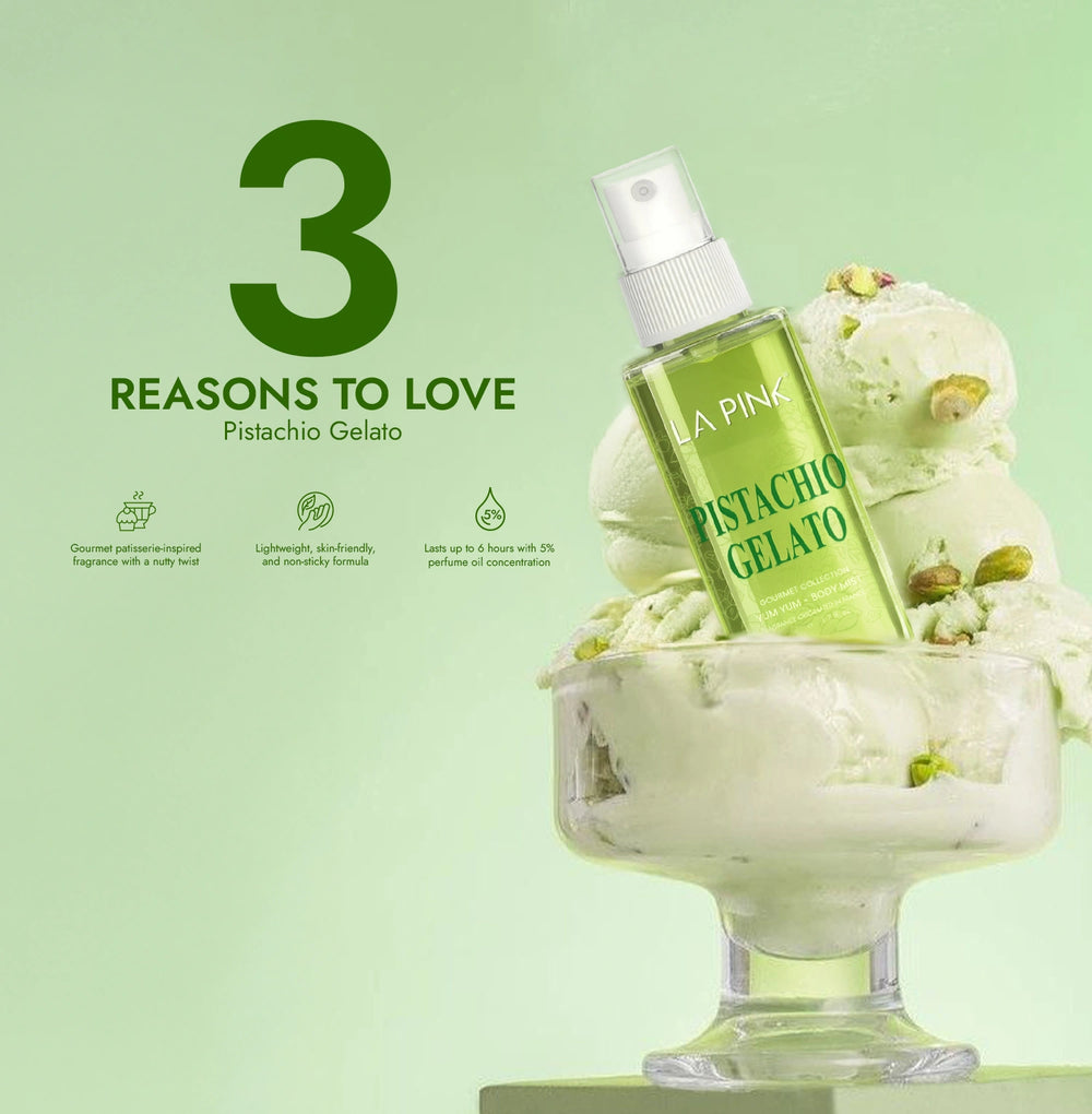 Pistachio gelato with a bottle of A'PIEU Pistachio Gelato on a light green background