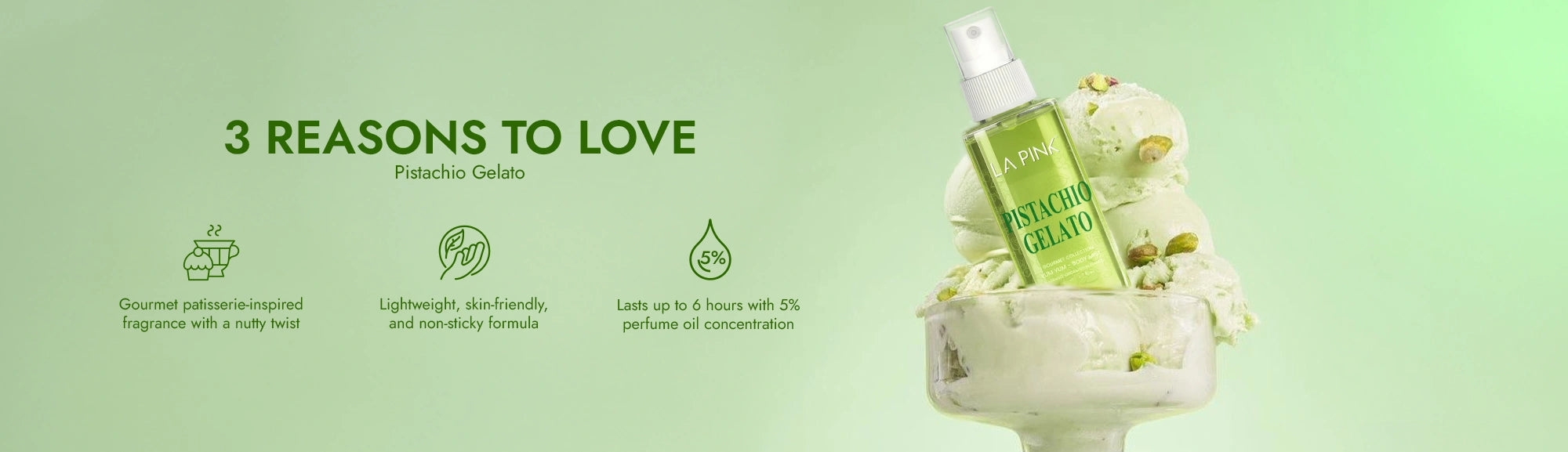 Green bottle with a spray nozzle on a scoop of ice cream against a light green background, with text about product benefits.