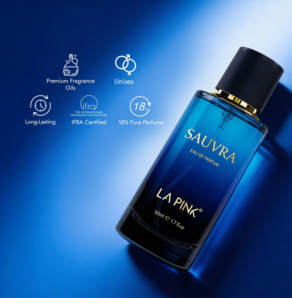 Sauvra La Pink perfume bottle on a blue background with certification icons.
