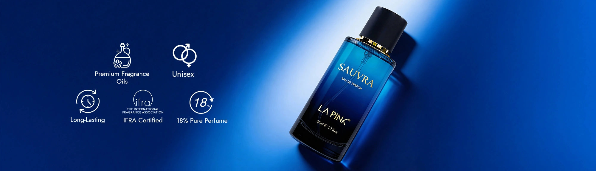 Blue perfume bottle with brand name on a blue background