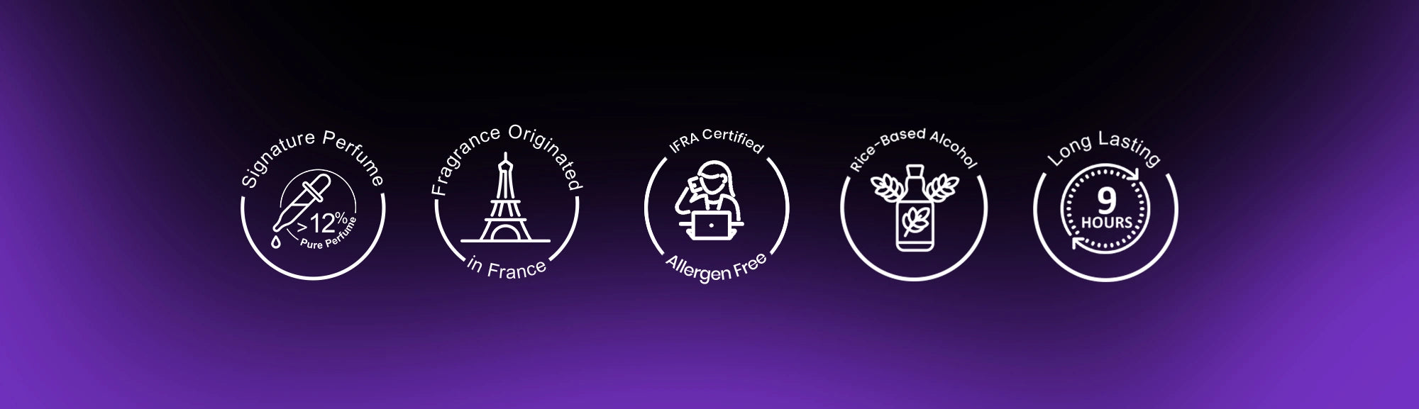 Set of icons representing various features on a dark purple background