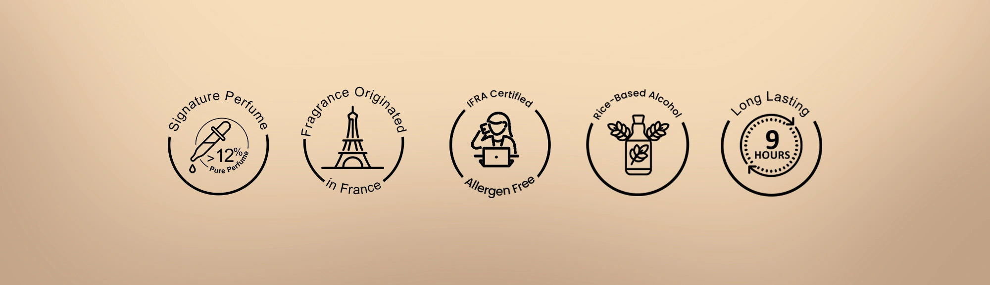 Set of six circular icons with text on a beige background