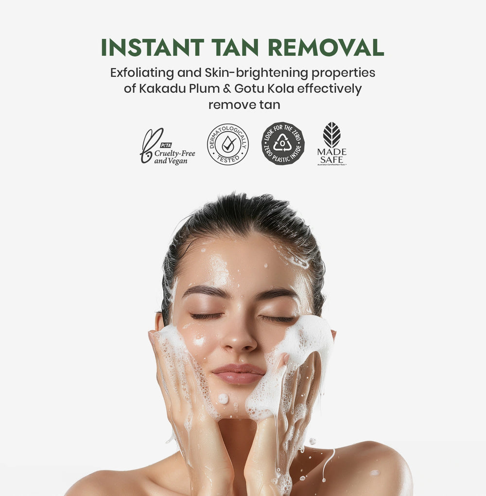 Woman washing her face with a skincare product, with text about instant tan removal and natural ingredients.