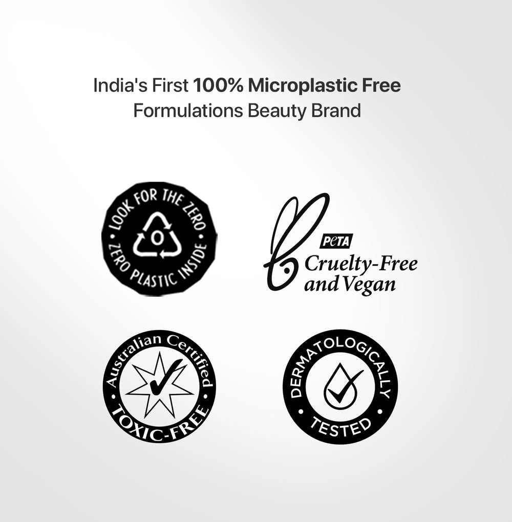 Logos of a beauty brand emphasizing zero plastic, cruelty-free, vegan, toxic-free, and dermatologically tested on a white background.