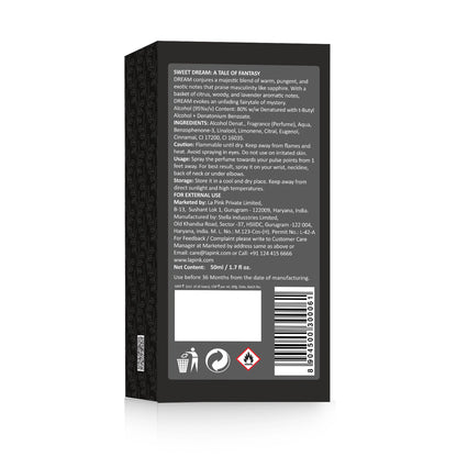 Back view of a black packaging box with text and symbols on a white background
