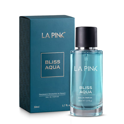 La Pink Bliss Aqua Eau de Parfum 50ml bottle with its dark teal packaging box, displayed on a clean white background.


