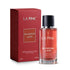 La Pink Blossom Love Eau de Parfum bottle with a black cap next to its textured red packaging box, on a white background.


