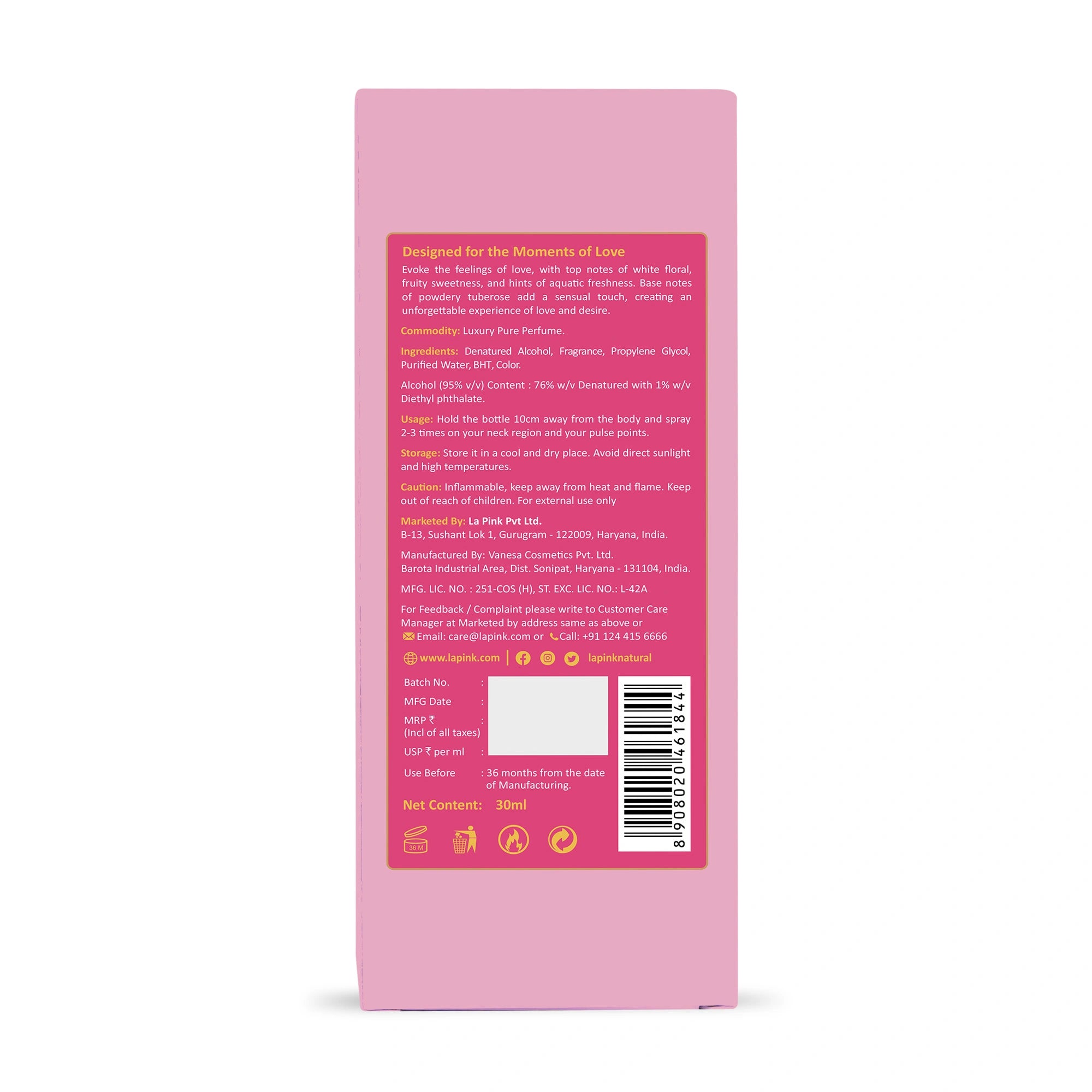 Pink packaging with text and a barcode on a white background