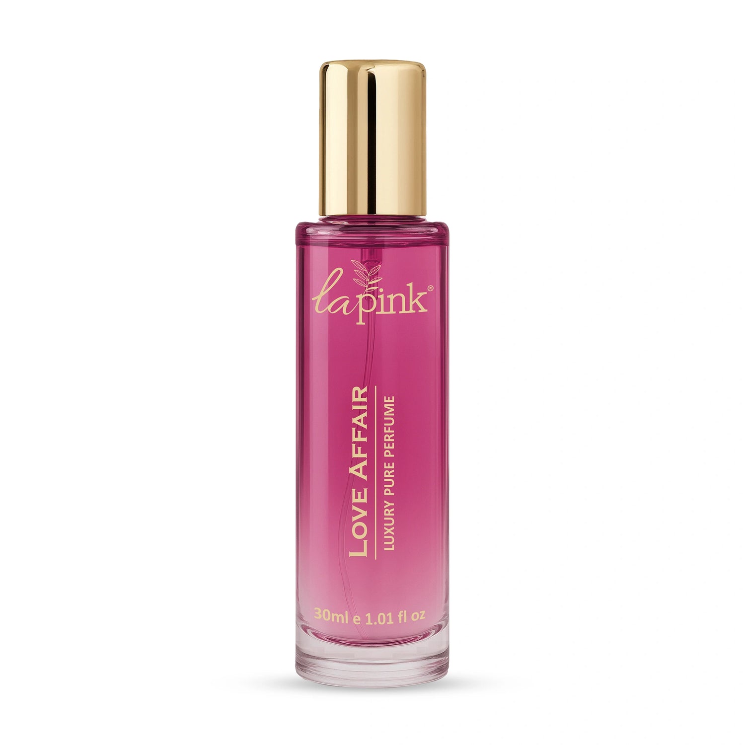 Pink perfume bottle with gold cap on a white background