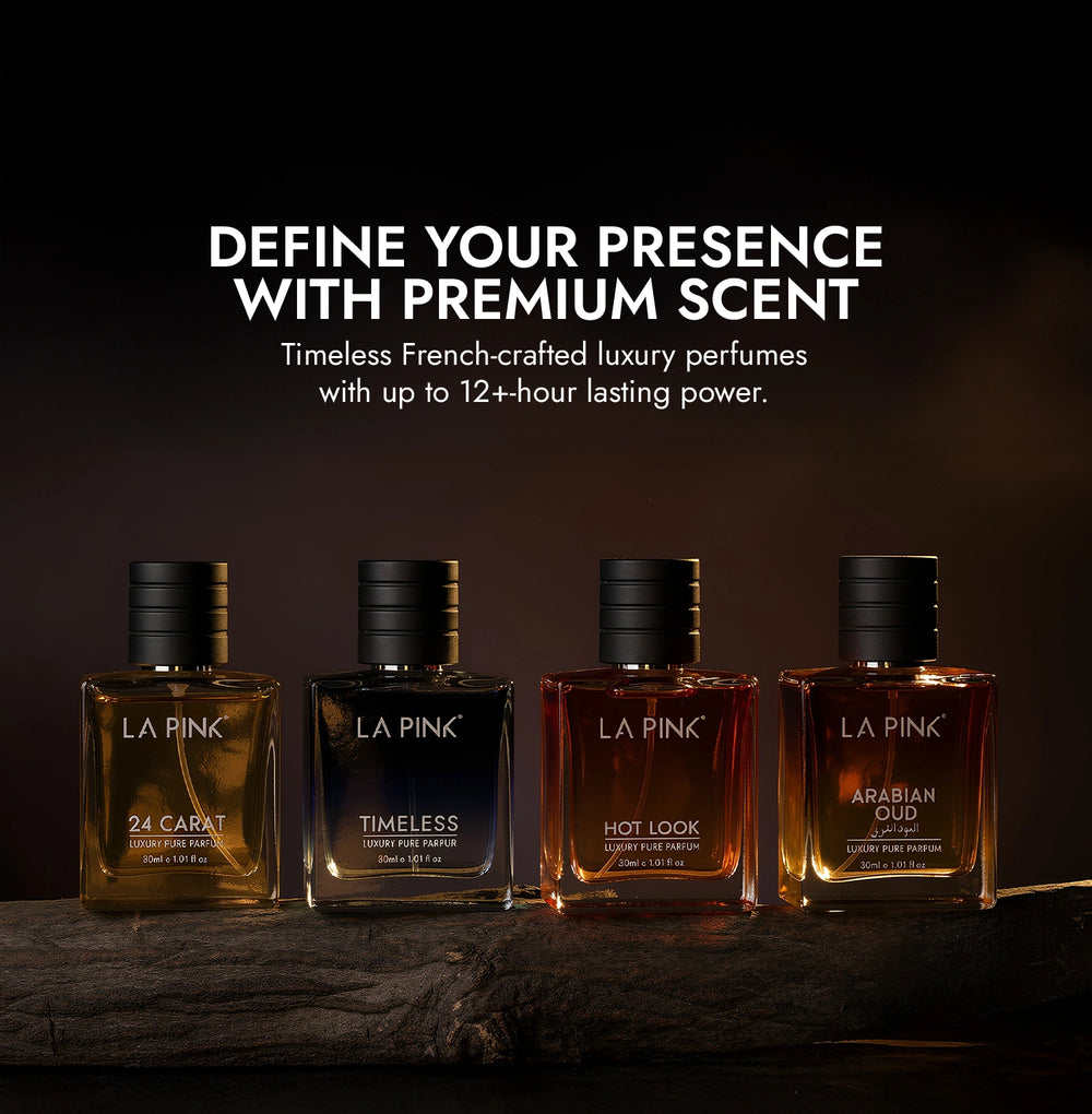 Four bottles of La Pink perfumes on a dark background with text about premium scent.