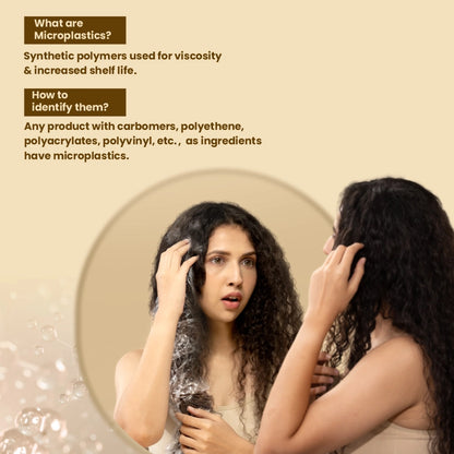 Woman looking at herself in a mirror with text about microplastics on a beige background
