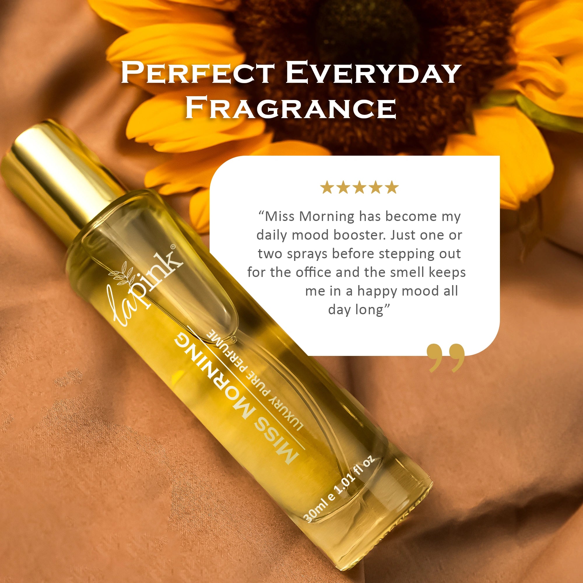 La Rikk Miss Morning perfume bottle with sunflower on a brown background